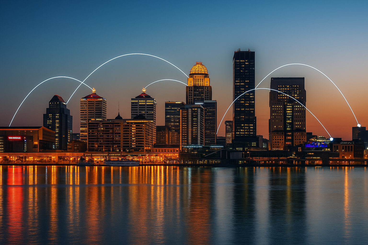 Louisville, KY skyline with illuminated data trails connecting buildings, symbolizing IT networking and support